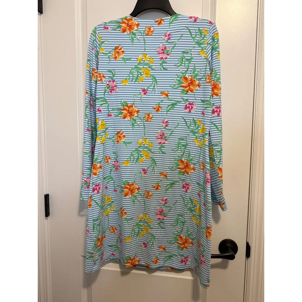 IBKUL Floral Stripe Dress Womens Medium Blue Long Sleeve Excellent Golf Modest